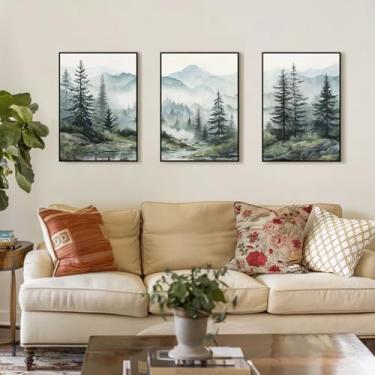 Imagem de SAFERRYHOME Arte de parede de floresta verde nebulosa, decoração de parede em tela emoldurada de pinheiro enevoado, pintura de paisagem da natureza, impressões de floresta, imagem de arte moderna de