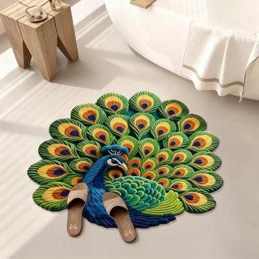 Imagem de Tapete de banho de animais pavão azul e verde, tapetes de banheiro engraçados antiderrapantes para decoração de banheira, tapete super absorvente, lavável na máquina, tapete de secagem rápida para