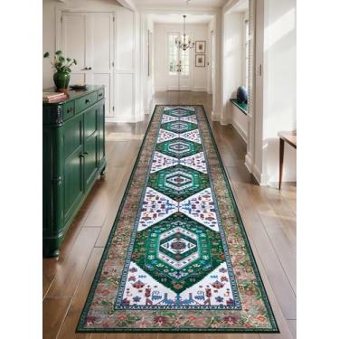 Imagem de SERISSA Tapete de corredor para corredores, tapete lavável antiderrapante para corredor de cozinha de 6,6 cm x 35,6 cm, tapete boho extralongo, ultramacio, vintage, verde, branco, para quarto