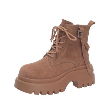Imagem de Botas femininas modernas de inverno com sola grossa casual no tornozelo botas estilo retrô, sapatos duráveis para uso ao ar livre para mulheres, Café, 34