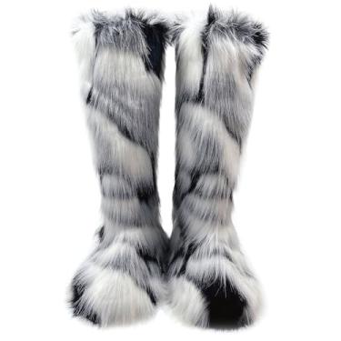 Imagem de Valpeak Botas femininas de pele sintética para o inverno, felpudas, longas e felpudas, botas de cano alto para meninas, Preto e branco, 8 Wide