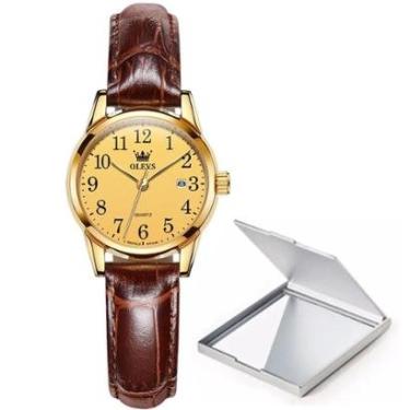 Imagem de Kit Relógio Feminino Mini Dourado Pulseira Couro + Espelho-Feminino