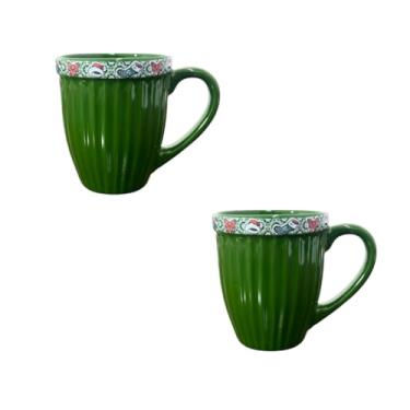 Imagem de Kit de 2 Canecas de Cerâmica 390ml 2ª Linha - Tema Natal Feliz, Ideal para Presente e Uso Doméstico (Verde Bota)