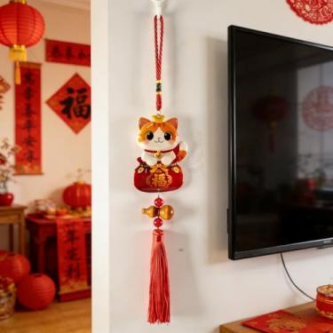 Imagem de KYMY Enfeite para pendurar ano novo chinês vietnamita gato da sorte 35 cm, decoração de borla vermelha Maneki Neko com sino e cabaça, decoração de porta de janela de porta do festival da sorte gato