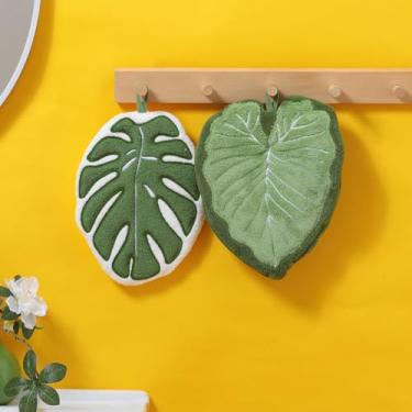 Imagem de Tyrafry Toalhas de mão elegantes de folha verde com laço para pendurar, toalhas absorventes de lã coral para crianças e adultos decoração de banheiro