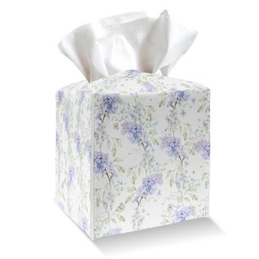 Imagem de Capa de caixa de lenços de lavanda roxa, capa de caixa de lenços de couro PU com cinto inferior, organizador de papel facial quadrado para mesa, banheiro, cozinha, carro e escritório -043