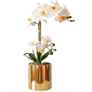 Imagem de NMAIYA Orquídea falsa, flores brancas, orquídeas realistas, 42 cm, aparência real, orquídea sintética, vaso de cerâmica, para decoração de casa, banheiro, cozinha, escritório, sala de estar, mesa de