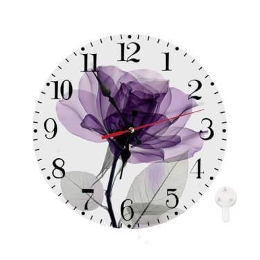 Imagem de Azppsad Relógio de parede redondo silencioso sem tique-taque, design de flor rosa de raio-X roxo para casa, decorativo, operado por bateria, para sala de estar, cozinha, quarto, banheiro, 25 cm