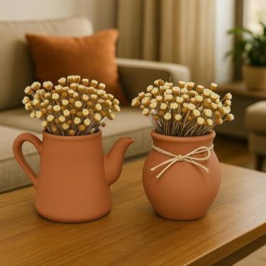 Imagem de vaso e bule decorativo com flores secas decoração de casa sala e escritorio(CALCITA)