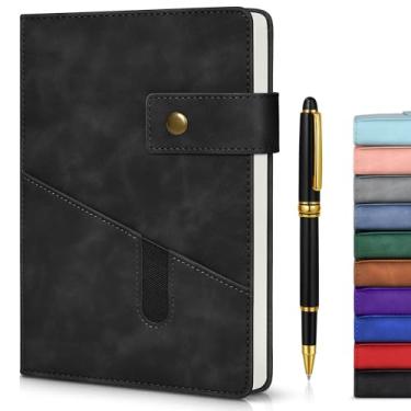 Imagem de vfaejll Caderno de couro preto forrado A5 para homens e mulheres, 15 x 21 cm, diário de capa dura personalizado com caneta, 200 páginas, papel pautado de 100 g/m², diário para escola, viagem, trabalho