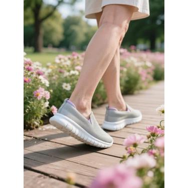 Imagem de Tênis de caminhada feminino, sem cadarço, antiderrapante, malha respirável, confortável, Cinza, 39