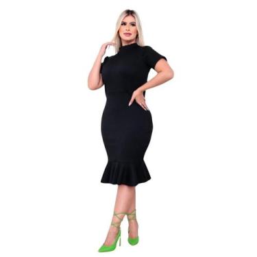 Imagem de Vestido Feminino Midi Canelado Tubinho com Babado e Gola Alta Elegante