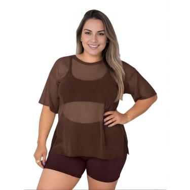 Imagem de Blusa Tule Feminina Fitness Academia Plus Size Marrom-Feminino
