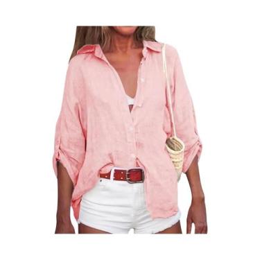 Imagem de Camisa Casual Solta De Verão Em Algodão E Linho Com Decote Em V E Mang