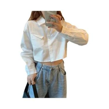 Imagem de Camisa Feminina Branca De Manga Longa Estilo Japonês Casual Com Bolso 