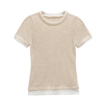 Imagem de Camiseta Feminina De Verão, Manga Curta, Casual, Gola Redonda, Cor Sól