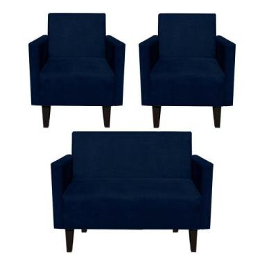 Imagem de Kit Sofá Retrô Namoradeira  e 02 Poltronas Compactas Jade Suede Azul M