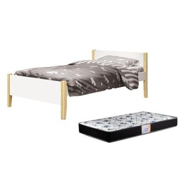 Imagem de Cama Solteiro Simba Branco Fosco Com Pés Madeira Natural E Colchão D33 Reller Móveis Branco Fosco