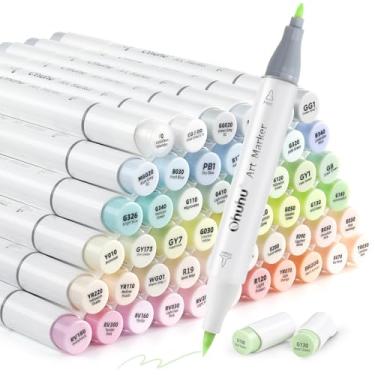 Imagem de Ohuhu Marcadores de pincel de álcool pastel,48 cores+ 1 marcador de álcool + estojo de marcadores, marcadores de álcool com ponta dupla à base de álcool para ilustração de colorir de artistas adultos