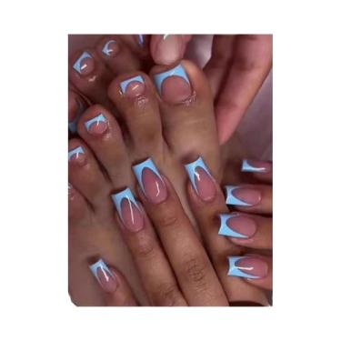 Imagem de Unhas Postiças Nude Brilhantes 48 Peças Com Borda Francesa Preta Para 