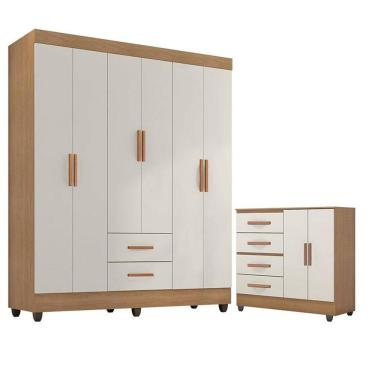 Imagem de Guarda Roupa Casal 6 Portas e Cômoda 4 Gavetas 2 Portas Lite Nature Off White - Móveis Leão