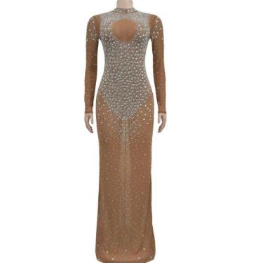 Imagem de Vestido Longo Maxi Feminino Prateado Com Strass E Lantejoulas Transpar