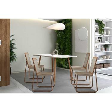 Imagem de Sala Jantar Mesa 1602 Aço 120cm + 4 Cadeiras Wood Rose/Gelo/Off White - Rose/Freijo Tela/Linho - Carraro