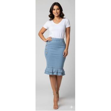 Imagem de 006 -Saia Jeans Evangélica Midi Cintura Alta Botões laterais Cor:Delav