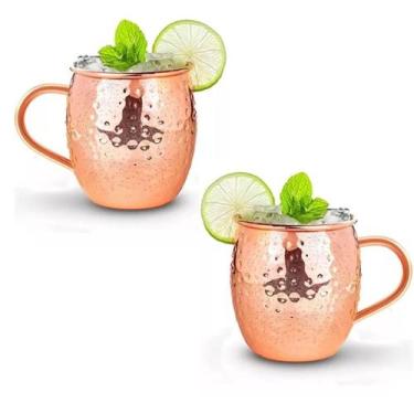 Imagem de Kit 2 Canecas Rose 500 ml Moscow Mule Martelada Inox Bares Drinks Luxo