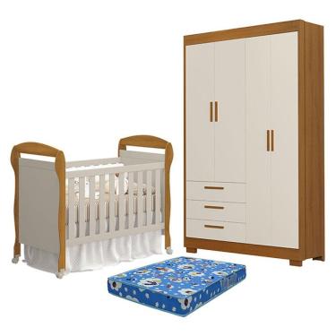 Imagem de Berço Americano Danny Com Colchão Ortobom E Guarda Roupa 4 Portas Zaki Areia Savana Acetinado - Reller