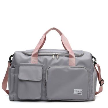Imagem de Bolsa Mala de Viagem 45cm X 28cm X 21cm em Pano Oxford Impermeável com Compartimento Seco Cinza Alça Rosa OEM
