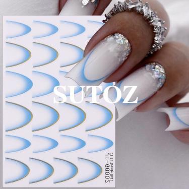 Imagem de Adesivo de Unhas Ji-G0 para Decoração 3D Gradiente Linha Francesa Azul Rosa Roxo Verde OEM