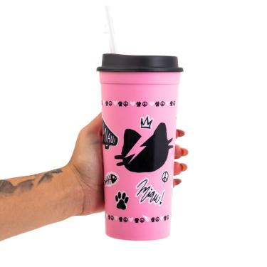 Imagem de Copo com Canudo Copo Canudo Slim 650ML Gatinha Sticker para Água e Sucos em Plástico Po...