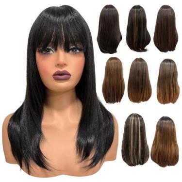 Imagem de Peruca lisa repicada com franja 45cm orgânica premium Cor:Preto 1B - L