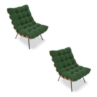 Imagem de Kit 02 Poltronas Costela Suede Verde Base Metálica Preto - D'Rossi