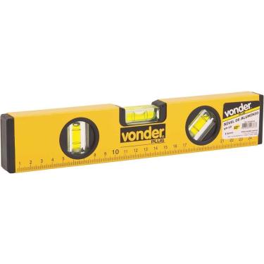 Imagem de Nível de Alumínio 10 254mm com 3 Bolhas Vertical Horizontal e 45 graus  Amarelo Vonder Plus para Nivelamento