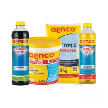 Imagem de KIT CLORO 2,5KG 3 EM 1 + ALGICIDA MANUTENÇÃO 1LT + CLARIFICANTE 1LT + BARRILHA PH+ 2KG GENCO