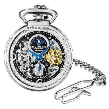 Imagem de Stuhrling Original Relógio de bolso masculino automático, mostrador de esqueleto, relógio de bolso com corrente presente para homens, relógio colecionável, submostrador de sol e lua, estilo vintage