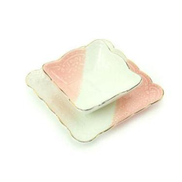 Imagem de Conjunto de bowl e prato quadrado cerâmica rosa/branco Pracaza