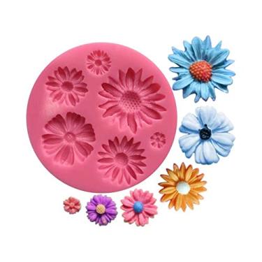 Imagem de Moldes de silicone para doces de açúcar margaridas girassóis molde de biscoito para bricolage fondant chocolate casamento chá de bebê bolo decorações de cupcake 6 cavidades