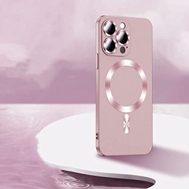 Imagem de Capa de carregamento magnético sem fio para iPhone 14 13 12 11 Pro Max Plus Fosco Capa de Proteção de Lente de Vidro de Silicone Macio, Rosa, Para iPhone 14 Pro
