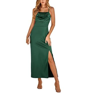 Imagem de Vestido Longo Feminino Com Bainha Dividida Vestido de Festa Alça Espaguete Vestido Sem Mangas Bodycon Wrap Cintura Vestido Camisola Elegante Vestido de Noite (Verde escuro)