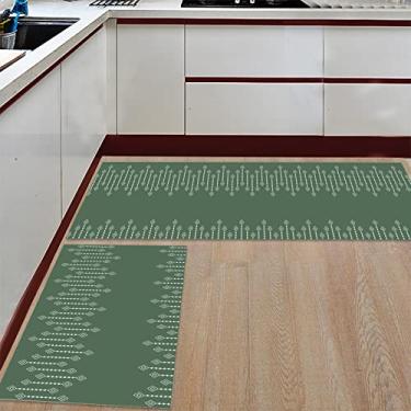 Imagem de Tapete de corredor de cozinha, Boho geométrico diamante listrado verde boêmio antiderrapante tapete de porta tapete tapete para lavanderia quarto banheiro conjunto de 2
