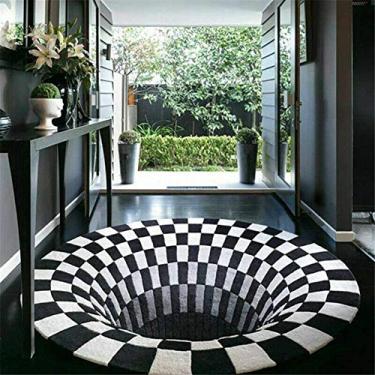 Imagem de Hanghaijia Tapete redondo de ilusão visual 3D, tapete geométrico preto e branco para casa, sala de estar, quarto, varanda, etc. (Cor: imitação de caxemira, tamanho: D200 cm/89 polegadas)