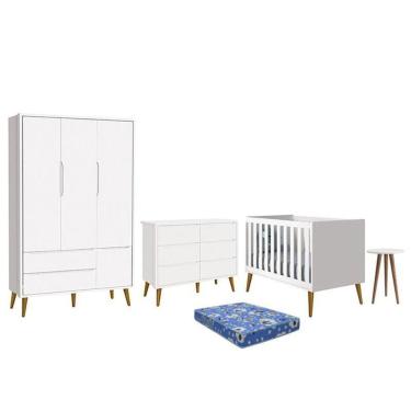 Imagem de Dormitório Theo 3 Portas, Cômoda 6 Gavetas, Berço, Mesa de Canto com Pés Amadeirado e Colchão - Reller Móveis