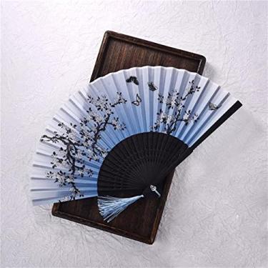 Imagem de Leque dobrável estilo vintage ventilador dobrável de seda padrão chinês japonês arte artesanato presente decoração de casa ornamentos ventilador de mão dança acessórios decorativos feitos à mão (cor: T, tamanho: 38X21cm)