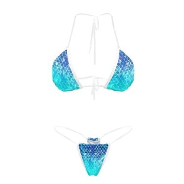 Imagem de Yewattles Biquíni feminino triangular, sexy, 2 peças, macio, secagem rápida, moda com estampa 3D, Escama azul marinho, XXG