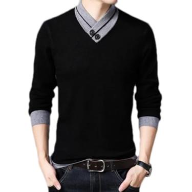 Imagem de KANG POWER Suéter masculino de inverno casual masculino gola em V suéter de malha gola alta masculino pulôver de malha gola dupla para negócios, Preto, Small