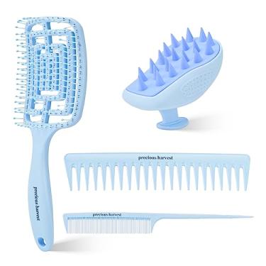 Imagem de precious harvest Massage Shampoo Brush Cut-out Hairbrush Escova de cabelo larga e pontiaguda Macaroon Colour Hairbrush Para todos os tipos de cabelo (Azul claro)