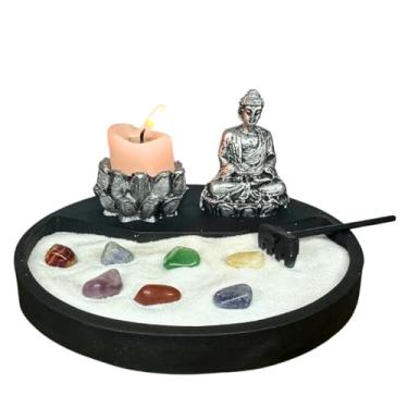 Imagem de Jardim Zen Japones Miniatura Buda Hindu Prata Castiçal Flor de Lótus Pedras Naturais Coloridas Meditação